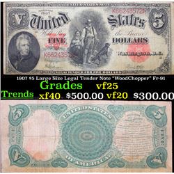 1907 $5 Large Size Legal Tender Note  WoodChopper  Fr-91 Grades vf+