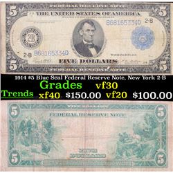 1914 $5 Blue Seal Federal Reserve Note, New York 2-B Grades vf++