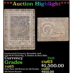 ***Auction Highlight*** Continental Currency November 2nd, 1776 $8 Fr-CC53 Sig. J. Gaither & Deni Hi