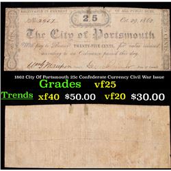 1862 City Of Portsmouth 25c Confederate Currency Civil War Issue Grades vf+
