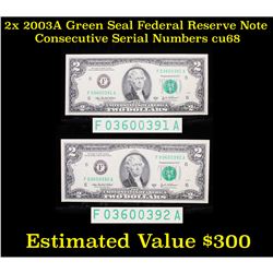 2x 2003A Green Seal Federal Reserve Note Consecutive Serial Numbers Grades Gem++ CU