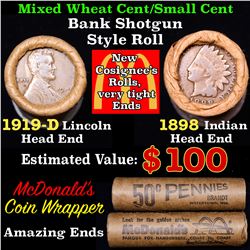 Mixed small cents 1c orig shotgun roll, 1919-d Wheat Cent, 1898 Indian Cent other end, McDonalds Wra
