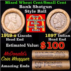 Mixed small cents 1c orig shotgun roll, 1919-s Wheat Cent, 1897 Indian Cent other end, McDonalds Wra