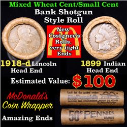 Mixed small cents 1c orig shotgun roll, 1918-d Wheat Cent, 1899 Indian Cent other end, McDonalds Wra