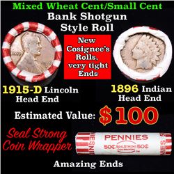 Mixed small cents 1c orig shotgun roll, 1915-d Wheat Cent, 1896 Indian Cent other end, Seal Strong W