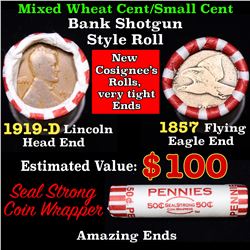 Mixed small cents 1c orig shotgun roll, 1857 Flying Eagle cent, 1919-d Lincoln Cent other end, Seal 