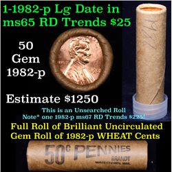Uncirculated shotgun Lincoln 1c roll, 1982-p Copper Large Date 50 pcs Brandt Wrapper