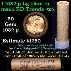 Uncirculated shotgun Lincoln 1c roll, 1982-p Copper Large Date 50 pcs Brandt Wrapper