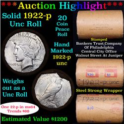 ***Auction Highlight*** 1922-p Uncirculated Peace Dollar Shotgun Roll (fc)