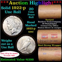 ***Auction Highlight*** 1922-p Uncirculated Peace Dollar Shotgun Roll (fc)