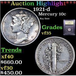 ***Auction Highlight*** 1921-d Mercury Dime 10c Graded vf++ By USCG (fc)