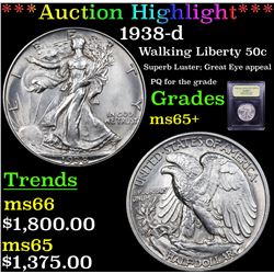 ***Auction Highlight*** 1938-d Walking Liberty Half Dollar 50c Graded GEM+ Unc By USCG (fc)