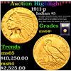 Image 1 : ***Auction Highlight*** 1911-p Gold Indian Half Eagle $5 Graded Choice+ Unc By USCG (fc)