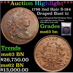 *Highlight Of Entire Auction* 1798 2nd Hair S-184 Draped Bust  1c Graded Select Unc BN By USCG (fc)