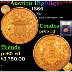 Proof ***Auction Highlight*** 1866 Two Cent Piece 2c Graded Gem Proof Red By USCG (fc)