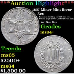 ***Auction Highlight*** 1857 Minor Mint Error Three Cent Silver 3cs Graded Choice+ Unc By USCG (fc)