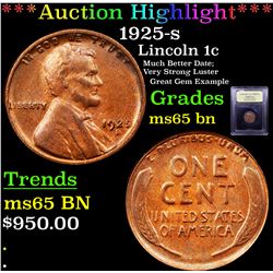 ***Auction Highlight*** 1925-s Lincoln Cent 1c Graded GEM Unc BN BY USCG (fc)