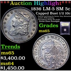 ***Auction Highlight*** 1836 LM-5 SM 5c Capped Bust Half Dime 1/2 10c Graded GEM Unc By USCG (fc)