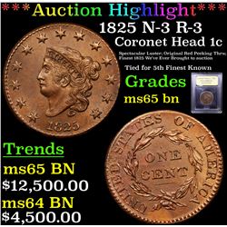 ***Auction Highlight*** 1825 N-3 R-3 Coronet Head Large Cent 1c Graded GEM Unc BN BY USCG (fc)