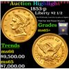 Image 1 : ***Auction Highlight*** 1853-p Gold Liberty Quarter Eagle $2 1/2 Graded GEM+ Unc By USCG (fc)