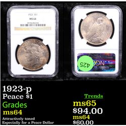 NGC 1923-p Peace Dollar $1 Graded ms64 By NGC