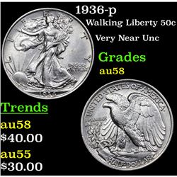 1936-p Walking Liberty Half Dollar 50c Grades Choice AU/BU Slider