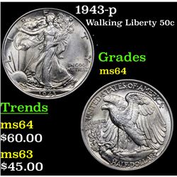 1943-p Walking Liberty Half Dollar 50c Grades Choice Unc