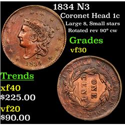 1834 N3 Coronet Head Large Cent 1c Grades vf++