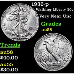 1936-p Walking Liberty Half Dollar 50c Grades Choice AU/BU Slider