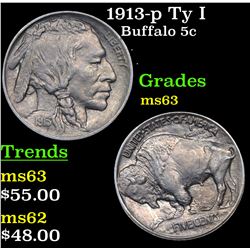 1913-p Ty I Buffalo Nickel 5c Grades Select Unc