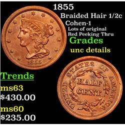 1855 Braided Hair Half Cent 1/2c Grades Unc Details