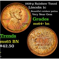 1929-p Rainbow Toned Lincoln Cent 1c Grades Choice+ Unc BN