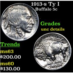 1913-s Ty I Buffalo Nickel 5c Grades Unc Details