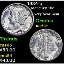 1934-p Mercury Dime 10c Grades Choice+ Unc