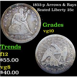 1853-p Arrows & Rays Seated Liberty Quarter 25c Grades vg+