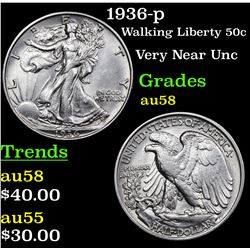 1936-p Walking Liberty Half Dollar 50c Grades Choice AU/BU Slider