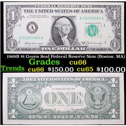 1969B $1 Green Seal Federal Reserve Note (Boston. MA) Grades Gem+ CU