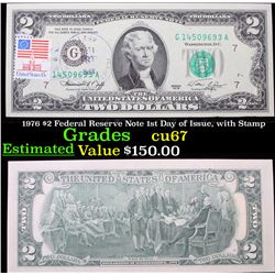 1976 $2 Federal Reserve Note 1st Day of Issue, with Stamp Grades Gem++ CU