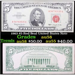 1963 $5 Red Seal United States Note Grades Choice AU/BU Slider
