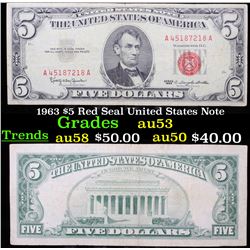 1963 $5 Red Seal United States Note Grades Select AU