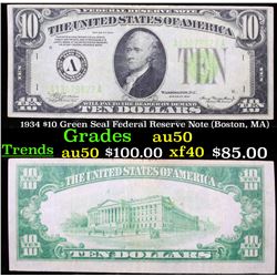 1934 $10 Green Seal Federal Reserve Note (Boston, MA) Grades AU, Almost Unc