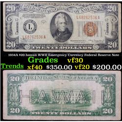 1934A $20 hawaii WWII Emergency Currency Federal Reserve Note Grades vf++