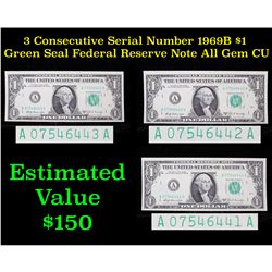 3x 1969B $1 Green Seal Federal Reserve Note (Boston, MA) Consecutive Serial Number's Grades Gem CU