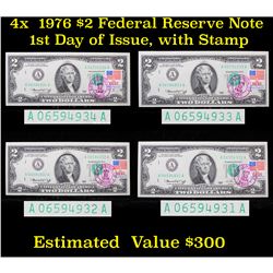 4x 1976 $2 Federal Reserve Note 1st Day of Issue, with Stamp Grades Gem CU
