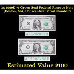 2X 1969D $1 Green Seal Federal Reserve Note (Boston, MA) Consecutive Serial Number's Grades Gem CU