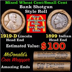 Mixed small cents 1c orig shotgun roll, 1919-d Wheat Cent, 1899 Indian Cent other end, McDonalds Wra