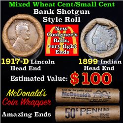 Mixed small cents 1c orig shotgun roll, 1917-d Wheat Cent, 1899 Indian Cent other end, McDonalds Wra