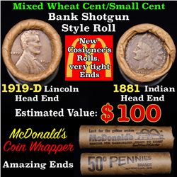 Mixed small cents 1c orig shotgun roll, 1919-d Wheat Cent, 1889 Indian Cent other end, McDonalds Wra