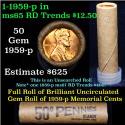 Uncirculated Shotgun Lincoln 1c roll, 1959-p 50 pcs Brandt Wrapper