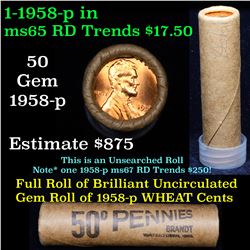 Uncirculated Shotgun Lincoln 1c roll, 1958-p 50 pcs Brandt Wrapper